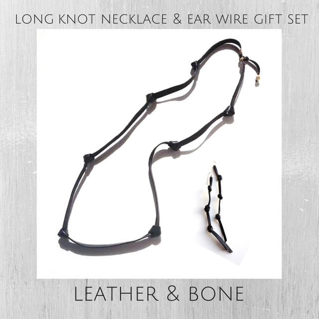 black leather knot necklace and earring gift set for her