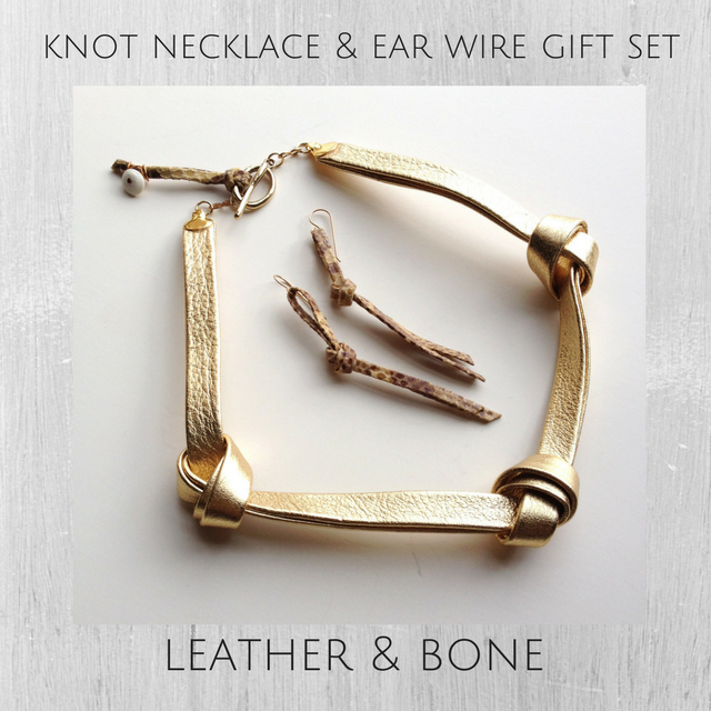 Gold metallic leather knot necklace and earring gift set for her